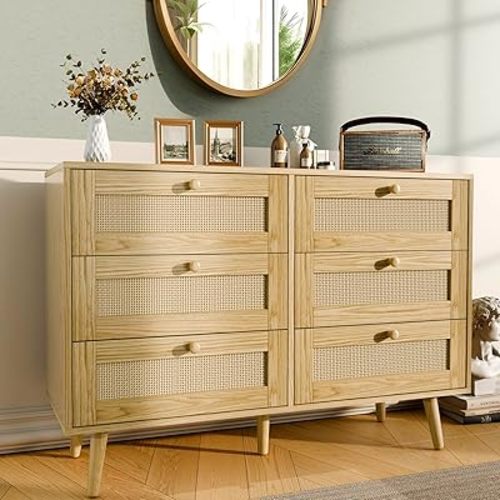 6 Drawer Storage Rattan Dresser, Boho Dresser Chest for Bedroom Hallway Living Room, Oak