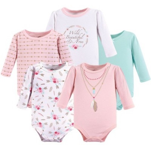 Little Treasure Baby Girl Cotton Long-Sleeve Bodysuits 5pk, Boho, 6-9 Months