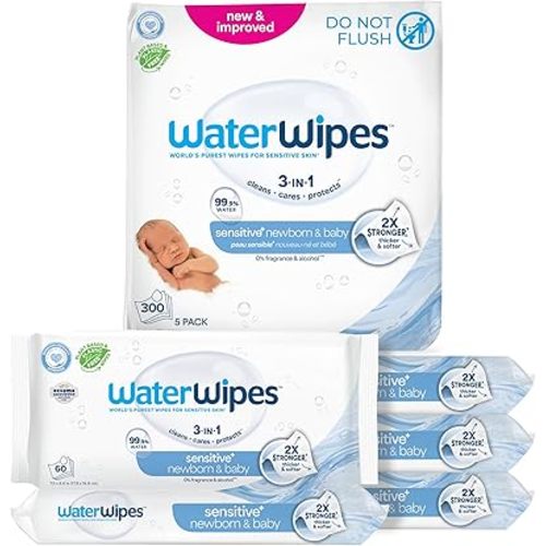 WaterWipes Sensitive+ Newborn & Baby Wipes, 3-In-1 Cleans, Cares, Protects, 99.9% Water, Unscented & Hypoallergenic, 300 Count (5 Packs)
