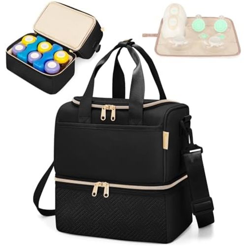 Fasrom Wearable Breast Pump Bag with Cooler Compartment Compatible with Elvie, Willow Pump, Portable Pumping Carrying Case with Waterproof Mat, Black (Empty Bag Only)