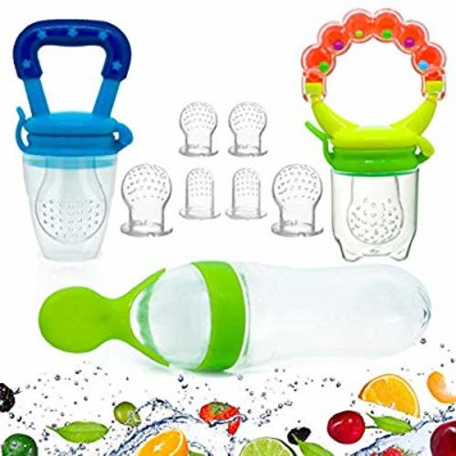 Gedebey Baby Food Feeder, Pacifier Fruit- Fresh Silicone Bottle Squeeze Spoon Frozen Fruit Teething Pacifiers Nibbler Hygienic Cover Newborn Teeth with Meshes Sizes for Baby Food Spoon - colorful