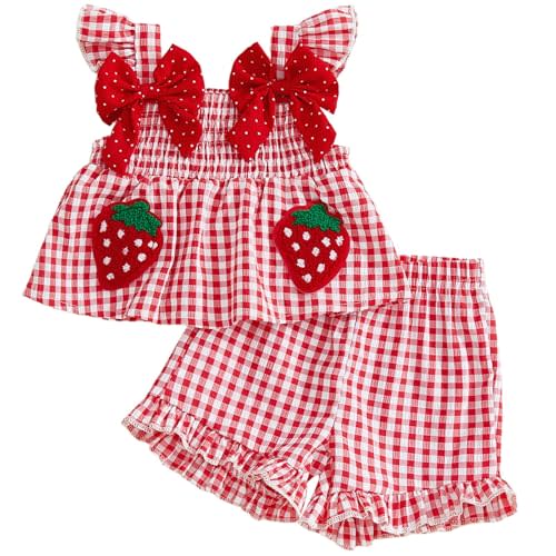 Mubineo Toddler Baby Girl Summer Clothes Cute Ruffle Shirt Tops Dress Shorts Outfits Set Fruit Blouse Princess Outfit