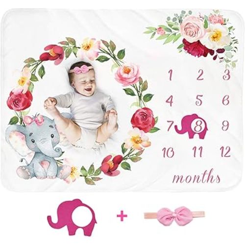 Baby Monthly Milestone Blanket Girl - Newborn Month Blanket Personalized Shower Gift Soft Fleece Photography Background Photo Prop Floral Large Elephant Rug with Frame Headband, 51”L x40”W