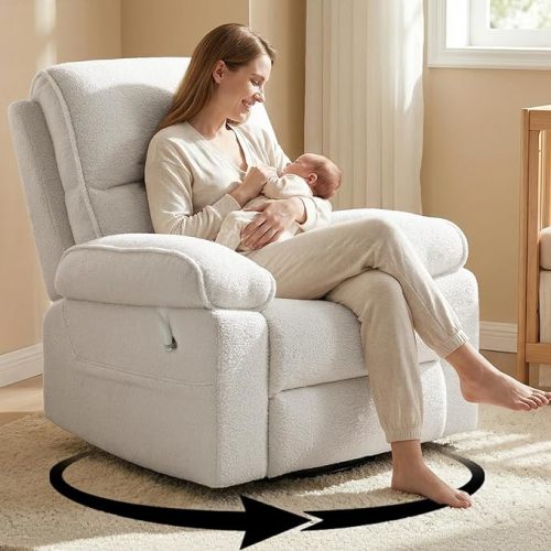Teddy Fleece 360° Swivel Rocker Recliner Nursery Rocking Chairs with Phone Holder Manual Gilder Recliner Chair with Wide Foot Rest for Living Room and Baby Room