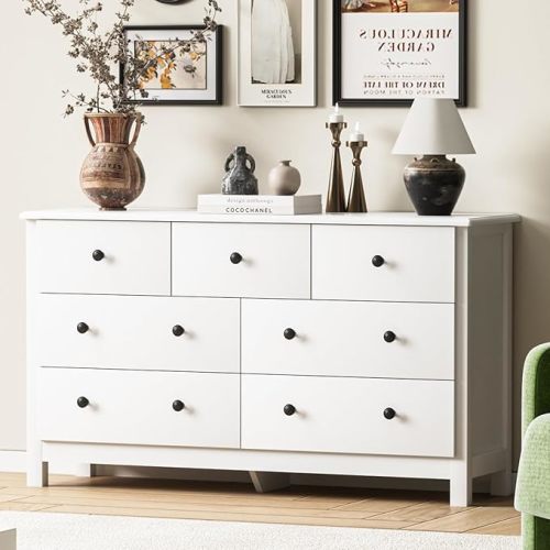 White Dresser for Bedroom, 7 Drawer Chest of Drawer with Metal Handle and Wide Drawer, Modern Wood Double Storage Organizer Dresser for Living Room, Hallway, Entryway