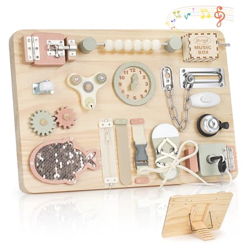 Joyreal Montessori Large Busy Board with Stand, Montessori Sensory Toys for Fine Motor Skills, Wooden Fidget Activity Board for Toddlers, Gifts for Boys Girls (Large Neutral)