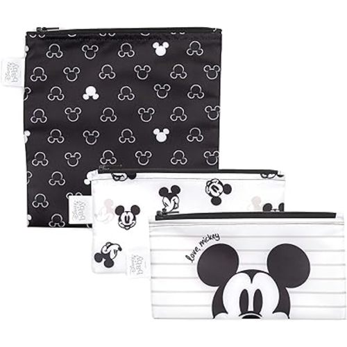 Bumkins Disney Reusable Sandwich and Snack Bags, for Kids School Lunch and for Adults Portion, Washable Fabric, Waterproof Cloth Zip Bag, Travel Pouch, Food-Safe Storage, 3-pk Love, Mickey
