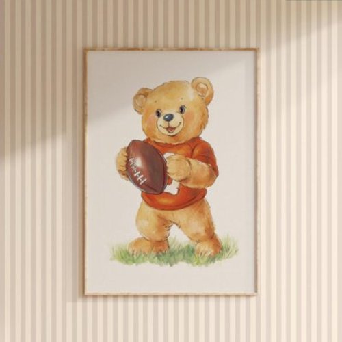 Nursery Teddy Bear American Football Print, Kids Room Wall Decor, Sports Children Room Wall Art, Toddler Artwork, Baby Room Art Wall Art, Modern Wall Decor, 12x18 UNFRAMED
