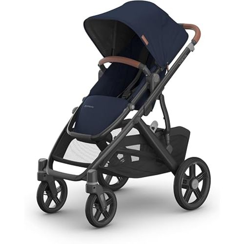 UPPAbaby Vista V3 Stroller - Full-Size Single-to-Double Stroller System - Toddler Seat, Bug Shield, Rain Shield, and Storage Bag Included - Noa (Navy/Carbon Frame/Saddle Leather)