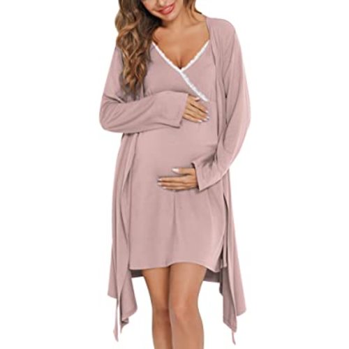 SWOMOG Womens Maternity Robe 2 Piece Nursing Nightgown for Breastfeeding 3 in 1 Labor Delivery Nursing Dress Lace Bathrobe