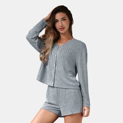 Women's Cozy Ribbed Knit Loungewear Set - Cupshe-L-Gray