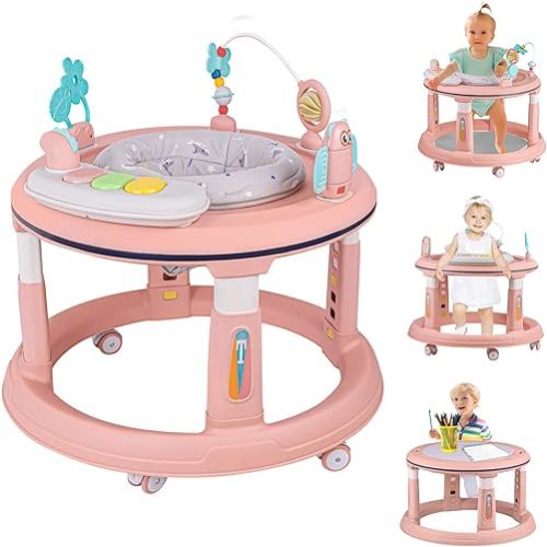 Baby Walker with Music and Lights, 5 Adjustable Heights, Baby Walkers and Activity Center for Boys Girls Babies 6-12 Months, Features 360 Degree Swivel Seat, Detachable Toys and Bounce Foot pad