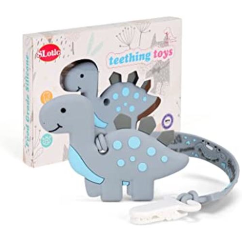 Baby Teething Toys, Dinosaur Teether Pain Relief Toy with One Piece Design Silicone Pacifier Clip Holder Set for Newborn Babies, Freezer Safe Neutral Shower Gift for Boy and Girl(Grey)