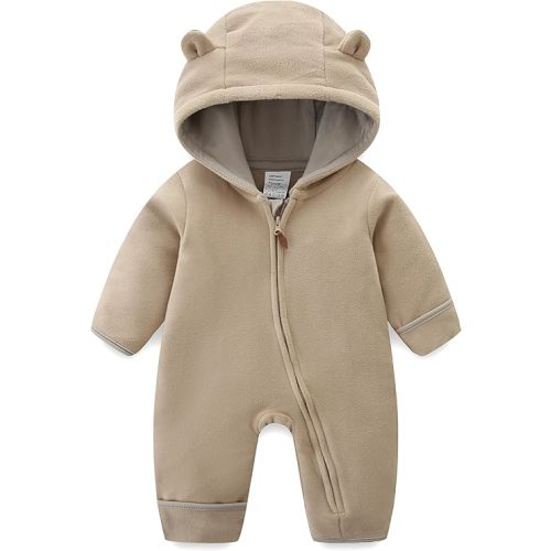 Newborn Baby Bear Onesie Winter Snowsuit With Fold-over Mittens & Footies Zip Up Baby Fleece Jumpsuit 0-18M