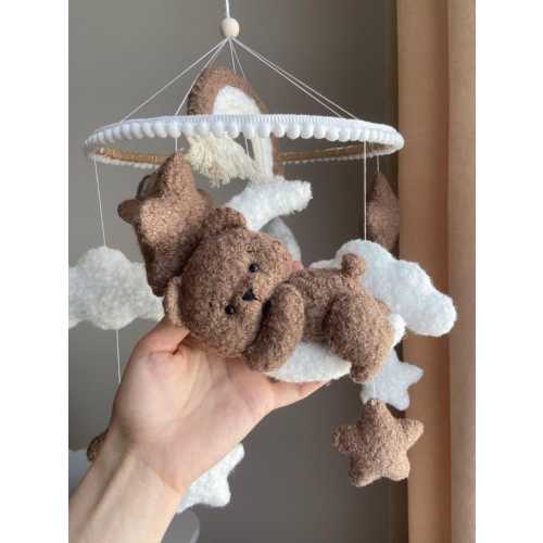Brown Teddy Bear Mobile – New Baby Gift – Handmade Nursery Decor, Music & Light Options Neutral Crib Mobile with Clouds Baby Shower Gift