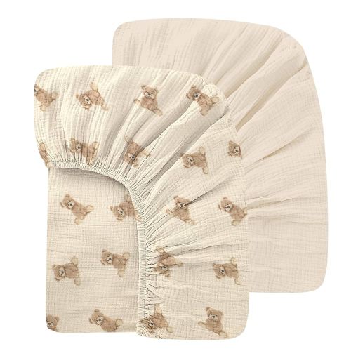 2 Pack 52x28 Inches Muslin Crib Sheets Fitted Crib Mattress Sheet for Baby Girls & Boys, 100% Cotton, Soft Boho Neutral Toddler Bed Sheets Fits Well Standard Size Crib Mattress 28x52 Inches