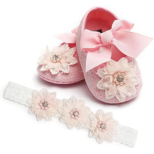 Baby Girls Mary Jane Flats with Bowknot Flowers Soft Newborn Infant First Walkers Crib Shoes Wedding Party Christmas Dress Shoes