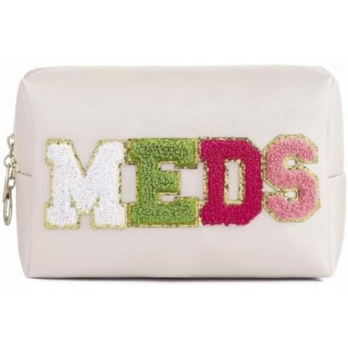 uekeboag PU Leather Medicine Bag with Zipper,Cute Chenille Letter Patches Travel Toiletry Meds Pouch for Women Girls, Daily Use Portable Organizer Cosmetic Bag (Beige- Colorful -MEDS)