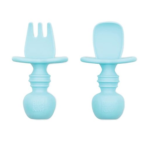 Bumkins Utensils, Silicone Chewtensils, Baby Fork and Spoon Set, Training Utensils, Baby Led Weaning Stage 1 for Ages 6 Months+ in Blue