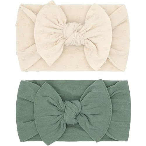 Baby Bling Bows Newborn to Little Girls Hair Bow - Girls Classic Knot Headbands Toddlers Hair Accessories, Made in the USA, One Size (2 Pack - Oat oat dot & Sage)