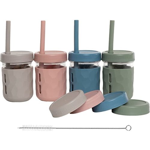 WeeSprout Glass Cups With Lids & Straws, Spill-Resistant Smoothie Cups for Toddlers & Kids, Baby Food Storage & Snack Jars, XL Silicone Straws, Easy-Grip Sleeves, 8 oz, Set of 4 - Matte Green, Pink, Blue and Light Grey - 8 Oz