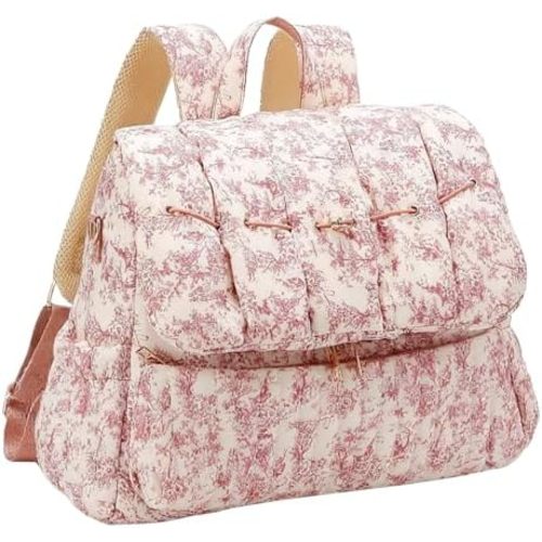 Lushandy Quilted Diaper Bag Backpack, Vintage Floral Puffer Diaper Backpack Large Baby Travel Bag Mom Hospital Bag