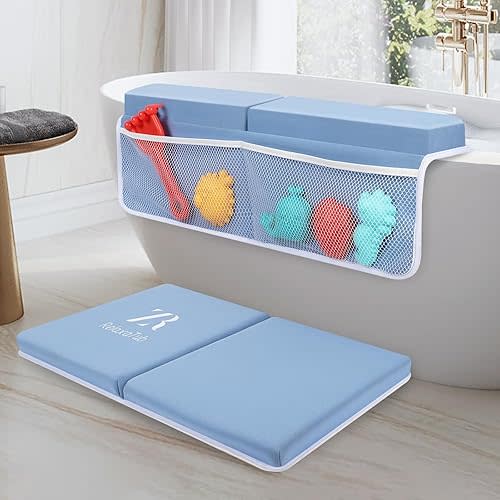 Baby Bath Kneeler and Elbow Rest Pad Set - Comfortable Non-Slip Cushion with Toy Organizer Pockets, Baby Bathtub Mat for Bathing Needs, Baby Bath Set for Toddlers and Newborns (Blue)