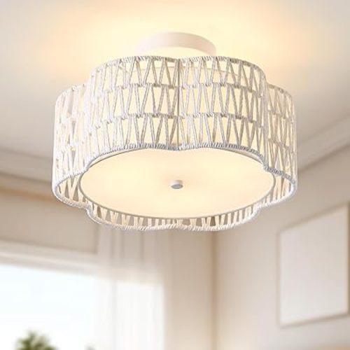 13.4" Boho Light Fixtures Flush Mount, 3-Light Rattan Ceiling Light Fixtures Flush Mount Gold for Bedroom, Flower-Shaped Close to Ceiling Light Fixture for Hallway Kitchen Dining Room(White)