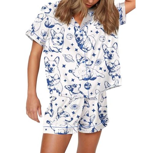 SHESHOW Satin Pajamas for Women Set Preppy Animals Pjs Short Sleeve Shorts 2 Piece Loungewear Sets XS-XXL