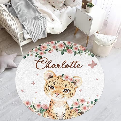 Custom Name Pink Floral Nursery Rugs for Baby Boys Girls: Lion Design Newborn Rug with Custom Baby Name - Personalized Infants Gifts Circle Area Rug for Toddlers and Children