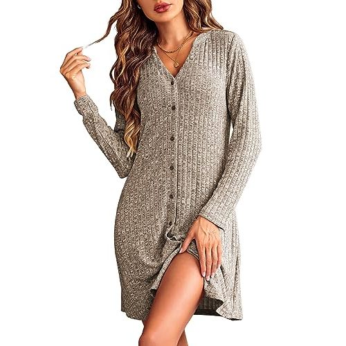 Ekouaer Nightgowns for Women Button Down Night Shirt Long Sleeve Ribbed Knit V-Neck Sleepwear Pajama Dress