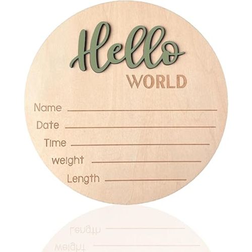 Baby Announcement Sign, 5.9 Inch Wooden Hello World Newborn Signs, Birth Announcement Sign, Baby Shower Hospital Nursery for Newborn Boys and Girls (Forest Green)
