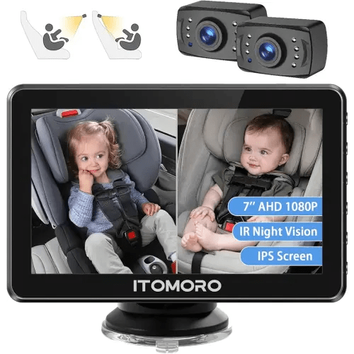 Itomoro Baby Car Camera, Dual Camera 7'' HD 1080P Car Camera for Baby Display with 2 IR Night Vision Camera, Car Baby Camera with 150° Wide View & 360° Rotatable, Easily Install 5 Min Baby Car Mirror