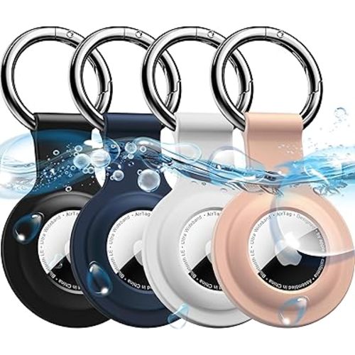R-fun for Airtag Holder with Keychain, [4 Pack] Silicone AirTag case cover with Key Rings for Wallet, Dog Collar, Luggage, and Keys-Black/White/Navy/Sand Pink