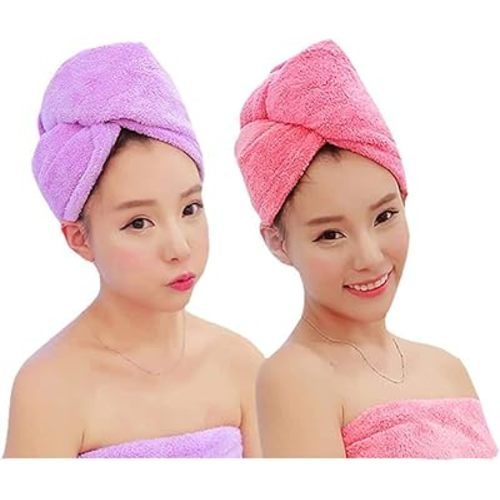 ADOGO Microfiber Hair Towel - 2 Pack Hair Turbans for Wet Hair, Drying Hair Wrap Towels for Women and Kids - Suitable for All Hair Types（Pink，Purple）