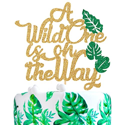 Gold Glitter A Wild One is On the Way Cake Topper, Born to Be Wild Cake Decor, Safari Jungle Animal Themed 1st Birthday/Baby Shower Party Decorations Supplies