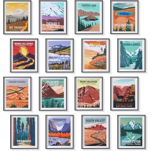 Gersoniel 16 Pieces National Park Posters Vintage of 16 Travel Prints Wall Art Abstract Wall Art and Mountain Print Set Abstract Travel Unframed for Living Room Bedroom Bathroom Decor (Vintage Style)