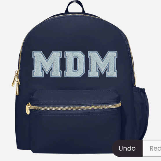 Classic Backpack with Water Bottle Holder | Stoney Clover Lane - NAVY. Sky Denim Varsity Letter Patch with MDM
