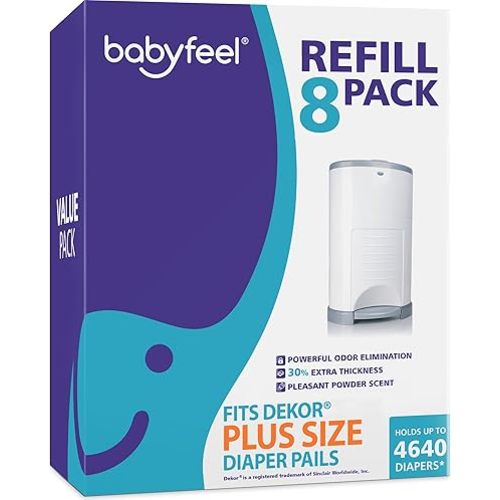 Babyfeel Refills for DEKOR PLUS Diaper Pails, 8 Pack, Exclusive 30% Extra Thickness, Fresh Powder Scent, Holds up to 4640 Diapers