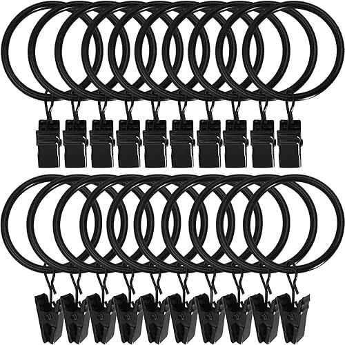 20 Pack Metal Curtain Rings with Clips, Curtain Clip Rings Hooks for Hanging Drapery Drapes Bows, Curtain Rod Rings 1.5 inch Interior Diameter, Black