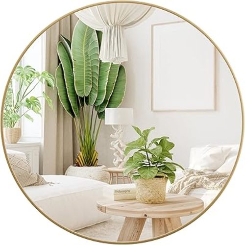 Gold Circle Mirror for Bathroom, 18 inch Round Mirror, HD Eco-Friendly Round Bathroom Mirror for Over Sink, Small Matte Gold Metal Framed Wall Mirror for Wall, Vanity, Entryway, Easy to Install