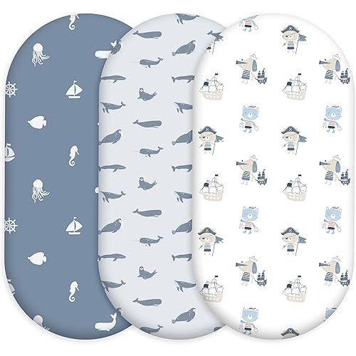 Bassinet Fitted Sheets, 3 Pack for Baby Boy and Girl, Soft Breathable Stretchy Baby Pad/Mattress Sheet Set, Universal Fit for Hourglass Oval and Rectangle Bassinet Mattress（Blue Whale Ocean）