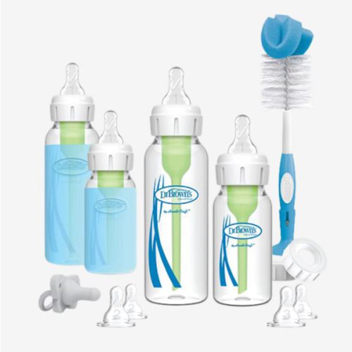 Dr. Brown's Natural Flow Anti-Colic Options+ Narrow Glass Baby Bottle Starter Set with Silicone Bottle Sleeves, Brush & Soft 100% Silicone HappyPaci Pacifier for Newborns, 0m+
