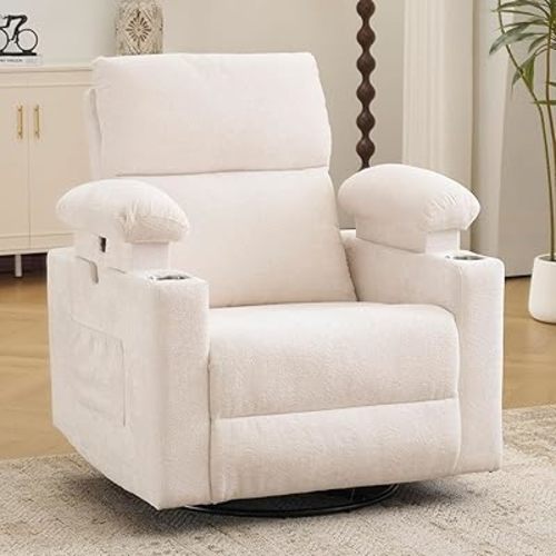 Rocking Chair Nursery with Adjustable Armrests, Electric Glider Recliner Nursing Chair for Breastfeeding, Power Swivel Recliner Chairs with Massage and Heat, Adjustable Headrest , FSC Certified, White
