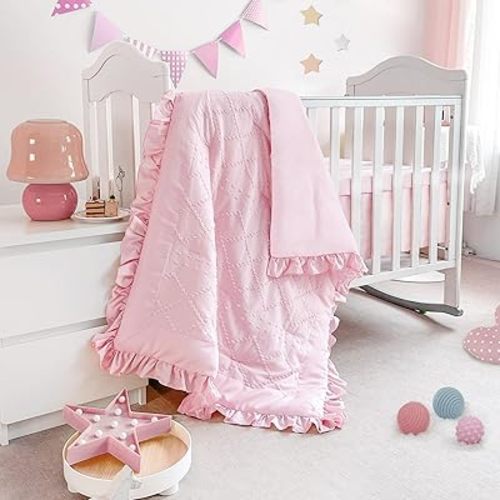 Wowelife Baby Girl Crib Bedding Set, Boho 3-Piece Crib Comforter Set for Girls, Ruffle Baby Nursery Bedding Set Include Quilted Comforter, Crib Skirt and Sheet, Pink