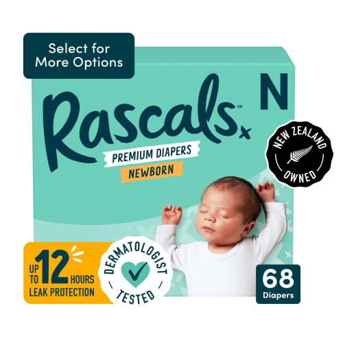 Rascals Premium Diapers, Size N, Carton, 68 Count, Preemie to Size 7