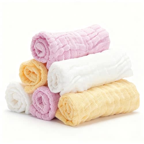 Bear Rocket Organic Muslin Baby Washcloths 6 Pack Baby Bath Face Towel 12x12 Inch Extra Absorbent and Soft Burp Cloth and Wash Cloths for Newborn-Infants On Sensitive Skin (White Yellow Pink)