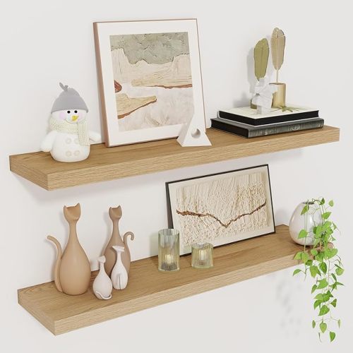 Fun Memories Floating Shelves for Wall, 27.5" Rustic Wood Deep Wall Mounted Shelves with Invisible Brackets for Decor & Storage, Floating Shelf for Living Room, Bathroom (Oak, Set of 2)