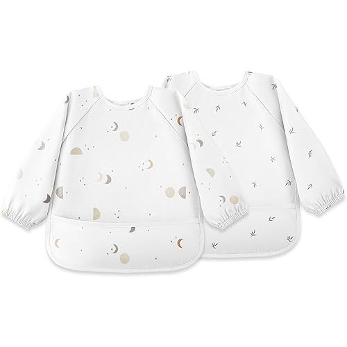 Susurration Baby Bibs with Sleeves for Eating, 2 Pack Reusable Waterproof Bibs Toddler Bibs with Sleeves, 6-36 Months Baby Feeding Essentials - Grey Moon