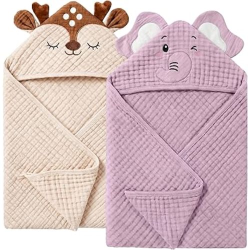 4 PCS Muslin Baby Bath Towels Set, 100% Cotton 2 PCS Animal Hooded Baby Towels 32x32 Inch & 2 PCS Washcloths, Ultra Absorbent & Soft Infant Newborn Essentials Gifts for Boys & Girls, Elephant & Deer